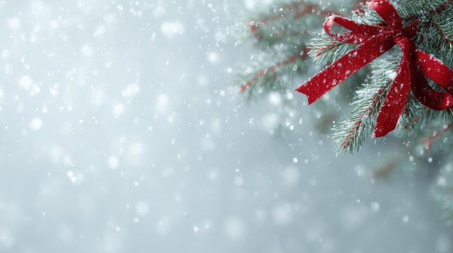 christmas background, pine branches, red ribbon, snowflakes