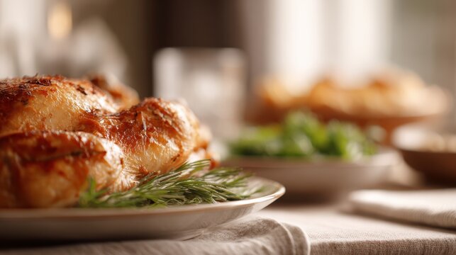 thanksgiving dinner table with roasted turkey, family gathering and gratitude concept