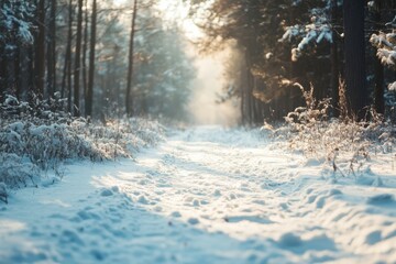 A path through the forest covered in fresh snow sparkles under the warm winter sun. A snowy path winds through a forest with gentle light filtering through the trees.