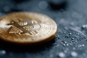 macro photo of bitcoin coin on computer motherboard, digital economy concept