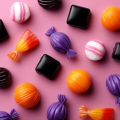 Obraz premium halloween candy flat lay with colorful sweets, fun party theme
