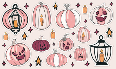 Fototapeta premium Discover Playful Pumpkin Stickers: Jack-O'-Lanterns, Lanterns, Candles, Stars for Halloween Crafts, Decor - Fun 2025 Spooky Collection, Ideal for Autumn Creations!