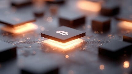 crypto mining concept with glowing computer processors and bitcoin symbol