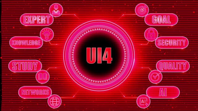 Abstract red digital infographic with central text U I4 and surrounding concept icons Keywords: U I4, infographic, digital, technology, abstract, red, background, network, data, connection