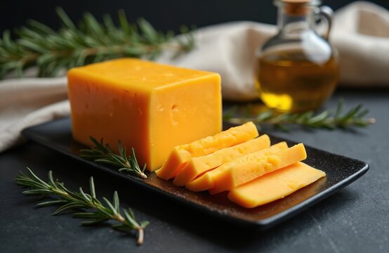 Close-up of ripe cheddar cheese block, slices on dark plate with rosemary sprigs. Yellow orange cheese, hard texture, culinary ingredient. Background features blurred oil carafe, linen cloth. Perfect