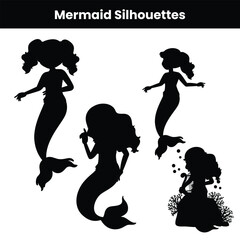 Set of cute happy mermaid silhouettes isolated over white background showing playful ocean characters perfect for fantasy design underwater illustration and vector art projects