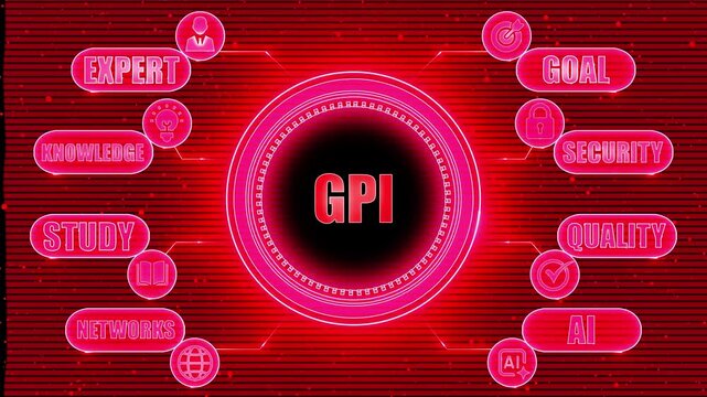 Red Futuristic Digital Network Connecting GPI Concepts with Icons and Text Gross Primary Indicator