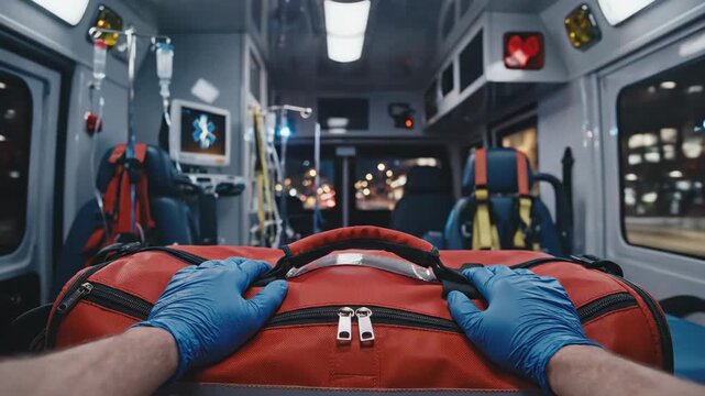 pov of paramedic's hands in gloves holding red medical bag. interior of ambulance during emergency response at night. healthcare and first aid concept.