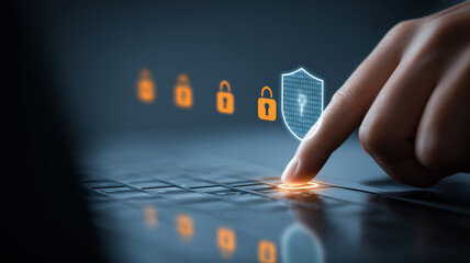 Finger pressing a key with virtual locks and a shield signifying secure authentication and access control for data privacy risk management and user trust.
