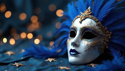Elegant carnival mask with blue feathers on dark background with star lights. Festive masquerade mask for holiday celebration, ball party, carnival. Design for invitations, banner, website header