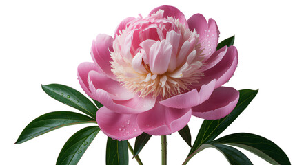 Delicate pink peony bloom with green leaves against a dark background
