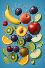 Assorted fresh fruits splashing in mid-air against bright blue background with water droplets and vibrant colors including bananas, apples, oranges, kiwis, limes, plums, peaches, cherries, and raspber