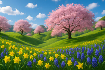 Picturesque Spring Landscape with Blooming Cherry Blossoms, Rolling Green Hills, and Colorful Field of Daffodils and Hyacinths under Bright Blue Sky