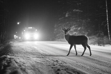Forest Deer in Headlight Beam on Snowy Road at Nighttime Illustrating Dangers of Animal-Vehicle Collisions