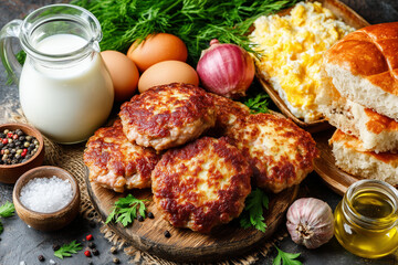 Traditional Meal Preparation Featuring Golden-Brown Meat Patties, Eggs, Bread, Herbs, and Seasonings in Cozy Culinary Composition