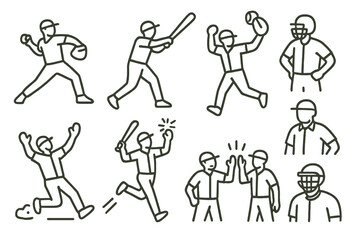 Obraz premium Baseball Icon Set. Line style icons of Baseball Match: Pitch, Swing, Catch, Slide, Home Run, Umpire, Celebration, High Five, No