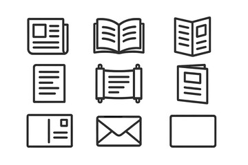 Printed Media Icons. Line style icons of Printed media: newspaper, book, pamphlet, manuscript, scroll, magazine, postcard,