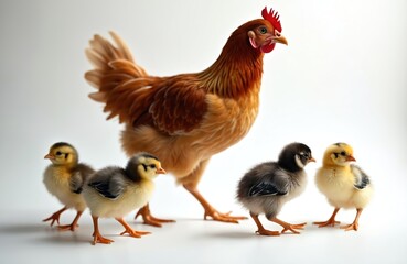 Fototapeta premium Hen walking with her cute chicks. Chicken family on farm, hen motherhood. Mother care for babies. Animals, poultry, agriculture. Rural scene, adorable babies, feather, beak, fluff.
