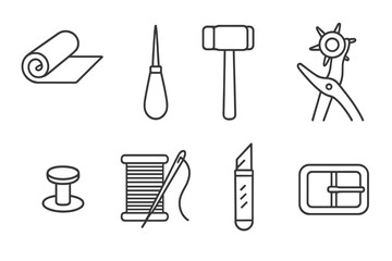 Leather Craft Tools. Line style icons of Leather Craft: Leather Roll, Awl, Mallet, Hole Punch, Rivet, Thread and Needle, Craft
