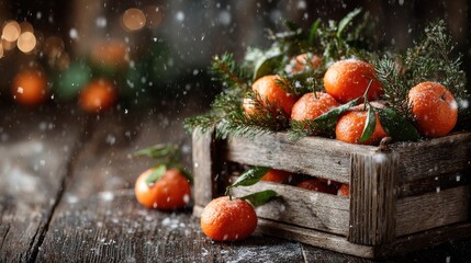 Fresh tangerines with holiday decorations in a wooden box during snowfall