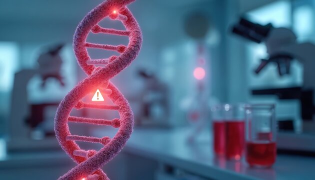 Close-up glowing red DNA double helix with warning sign cancer risk. Medical lab setting with test tubes, microscopes suggests genetic research, health risk awareness, scientific discovery. - Powered by Adobe