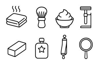 Shaving Ritual Icons. Line style icons of Shaving ritual: hot towel, foam brush, soap bowl, razor stand, alum block, cologne