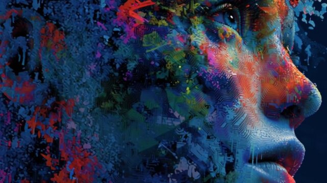 A vivid digital face glows with vibrant colors and intricate patterns, disintegrating into thin air against a dark blue background, symbolizing the fusion of humanity and advanced technology
