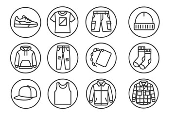 Skater Apparel Icons. Line style round vector icons of Skater Apparel: Skate Shoes, Graphic Tee, Cargo Shorts, Beanie Hat; Hooded