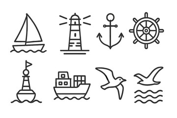 Ocean Travel Icons. Line style icons of Ocean travel: sailboat, lighthouse, anchor, ship wheel, buoy, cargo ship, seagull, waves,