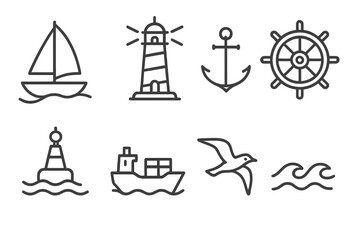 Ocean Travel Icons. Line style icons of Ocean travel: sailboat, lighthouse, anchor, ship wheel, buoy, cargo ship, seagull, waves,
