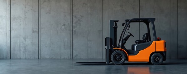 Yellow forklift parked inside industrial warehouse by concrete wall. Heavy duty machine for cargo lifting, storage, logistics. Forklift with forks, steel construction, workplace equipment for