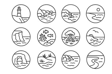 Coastal Line Art Icons. Line style round vector icons of Coastal Features: Lighthouse, Rocky Shore, Breakwater, Sandy Beach; Cliff