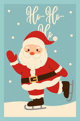 Flat style illustration of a Christmas greeting card with Santa Claus ice skating and Ho-Ho-Ho text on a blue snowy background.