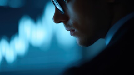 elegant businessman analyzing stock market graphs in dark office, glowing blue data screen background
