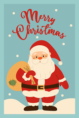 Flat style illustration of a Christmas greeting card with Santa Claus carrying a sack of gifts and Merry Christmas text on a blue snowy background.
