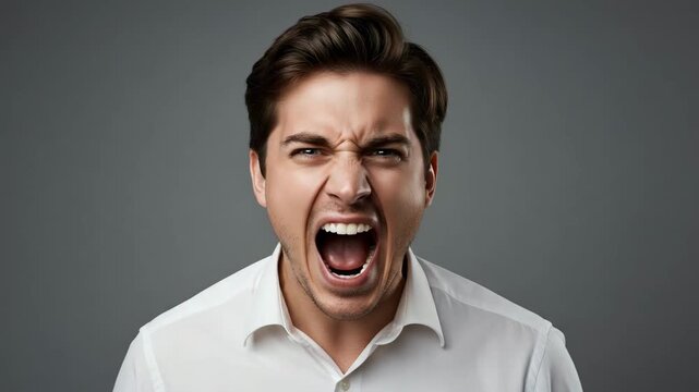 Young man yelling emotionally with dark background  