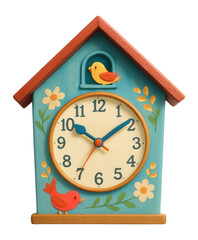 Whimsical wall clock featuring a birdhouse design, ideal for a child's playroom.