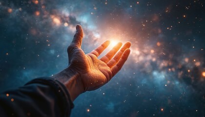 Fototapeta premium Cosmic hand reaches for starry sky. Universe scene, astral background with nebulae, bright light. Person touches stars, explores infinite space, astronomy, exploration concept.