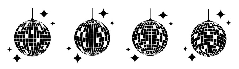 Set of four black disco balls with sparkling stars silhouettes on white background