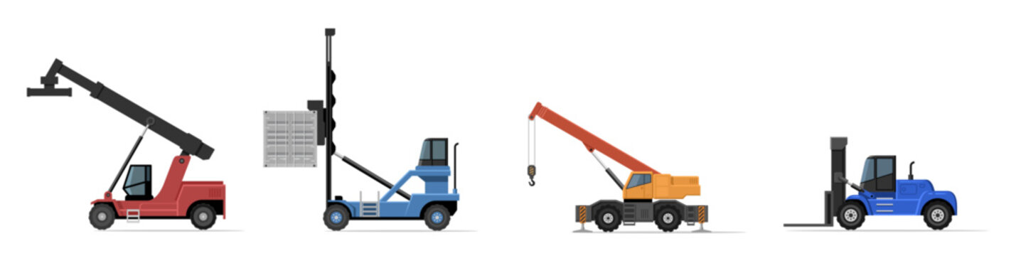 Various construction vehicles: crane, loader, forklift, and lifter on white background