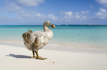 Close-up of a dodo bird on a tropical island, Mauritius. This extinct bird is depicted in its natural habitat among palm trees and sandy shores.