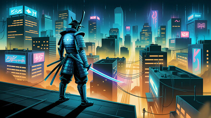 Cyberpunk samurai overlooks futuristic neon cityscape at night