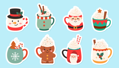 Christmas And New Year Sticker Mugs And Cups With Snowman Santa Elf Gingerbread Shapes, Hot Chocolate And Holiday Drinks Icons