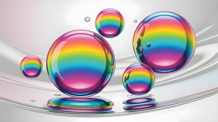 Abstract rainbow spheres floating on silky fabric creating a dreamy surreal composition