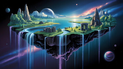 Surreal floating islands with waterfalls glowing flora and celestial bodies in a cosmic expanse