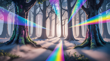 Enchanted forest with rainbow light beams mystical atmosphere and dreamlike scenery