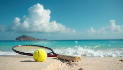 Beach tennis racket and ball rest on sandy shore with turquoise ocean waves crashing. Sunny vacation day, tropical island background with blue sky and clouds. Recreation, sport, leisure activity.