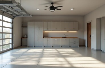 Fototapeta premium Modern, organized garage interior with cabinets, storage, natural light. Efficient space with a clean design. Large building, architecture, door. Empty room interior with lighting and ceiling fan.