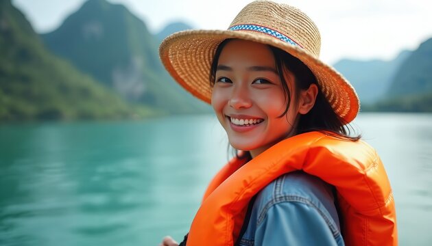 Joyful Asian woman wears straw hat life vest near turquoise water, green mountains background. Embarks on summer vacation adventure, boat trip exploring scenic landscape, water sports excitement.