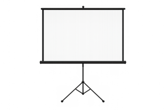 Projector screen presenting blank white surface, portable stand for business training, education, marketing meeting